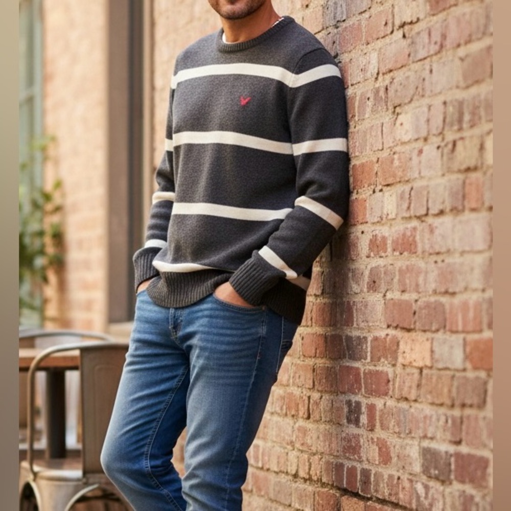 American Eagle Outfitters Dark Gray and Cream Striped Crewneck Sweater